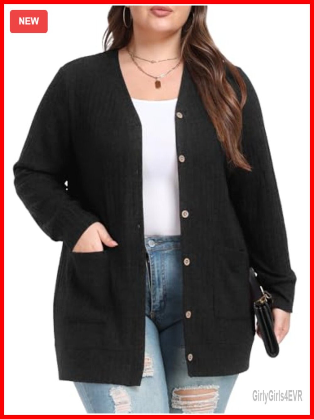 Plus Size Ribbed Knit Button Down Cardigan V-Neck Pockets Long Sleeve Fall